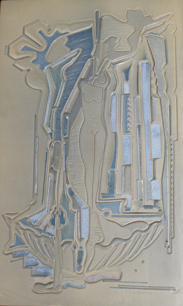Placa del naixement de Venus. Terra vermella, engalba de Fonteta i vernís texturat. Galetera i relleu. Dibuix ratllat i xeringa. Josep Vilà-Clara Garriga, 1991. 57x35 cm. Col·lecció particular.