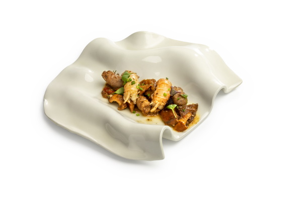 Un mar i muntanya amb la carnositat i delicadesa de l’escamarlà juntament amb un rostit de bolets, salsitxes, daus de botifarra negra de suc del rostit. | © Jordi Geli / Terracotta Museu