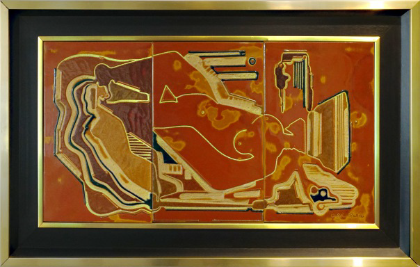 Plafó. Terra vermella, engalbes i vernís amb textura. Galetera i modelat manual. Decoració a xeringa. Josep Vilà- Clara Garriga, 1979. 39x74 cm. Col·lecció particular.