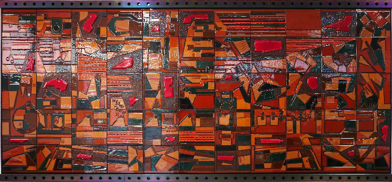 Mural del paper continu (vista general). Terra vermella, engalbes i vernís. Galetera. Dibuix ratllat, buidat i xeringa. Josep Vilà-Clara Garriga, 1991. 220x100 cm. Col·lecció particular.